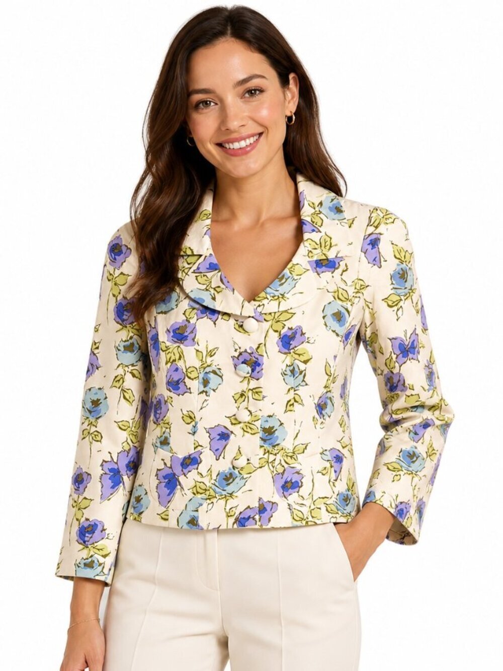 Talbots Cream Blue Green Butterfly Floral Silk Blazer Jacket